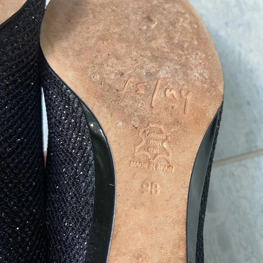 FS/NY French Sole New York Point Toe Wedge Pumps Heels Black Sparkle Size 9